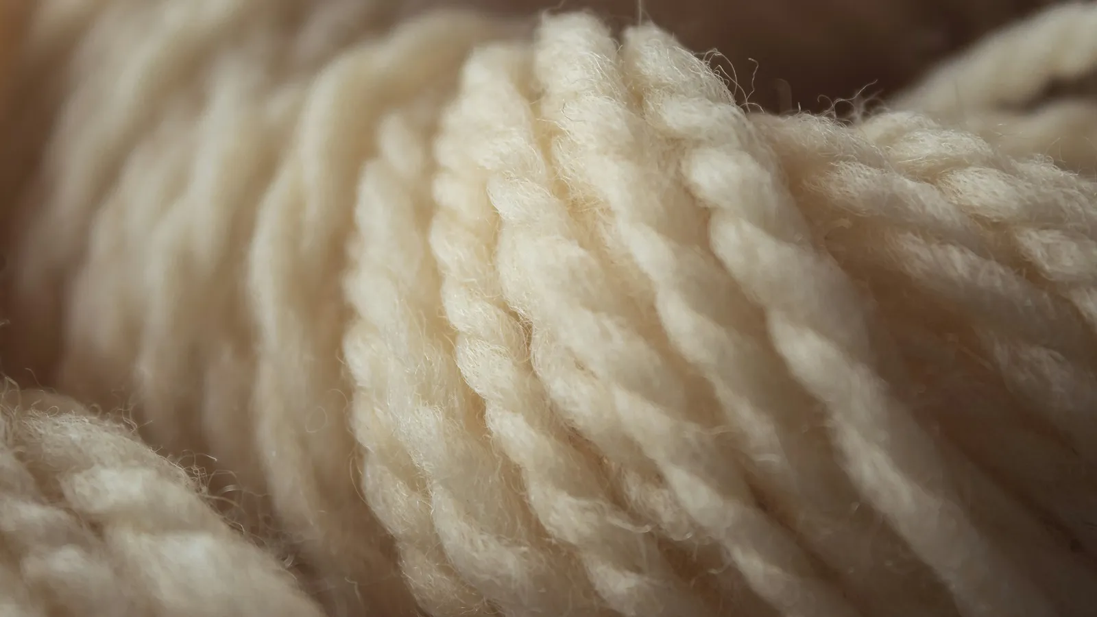 Close-up of cream-colored yarn with twisted strands and visible surface fibers.