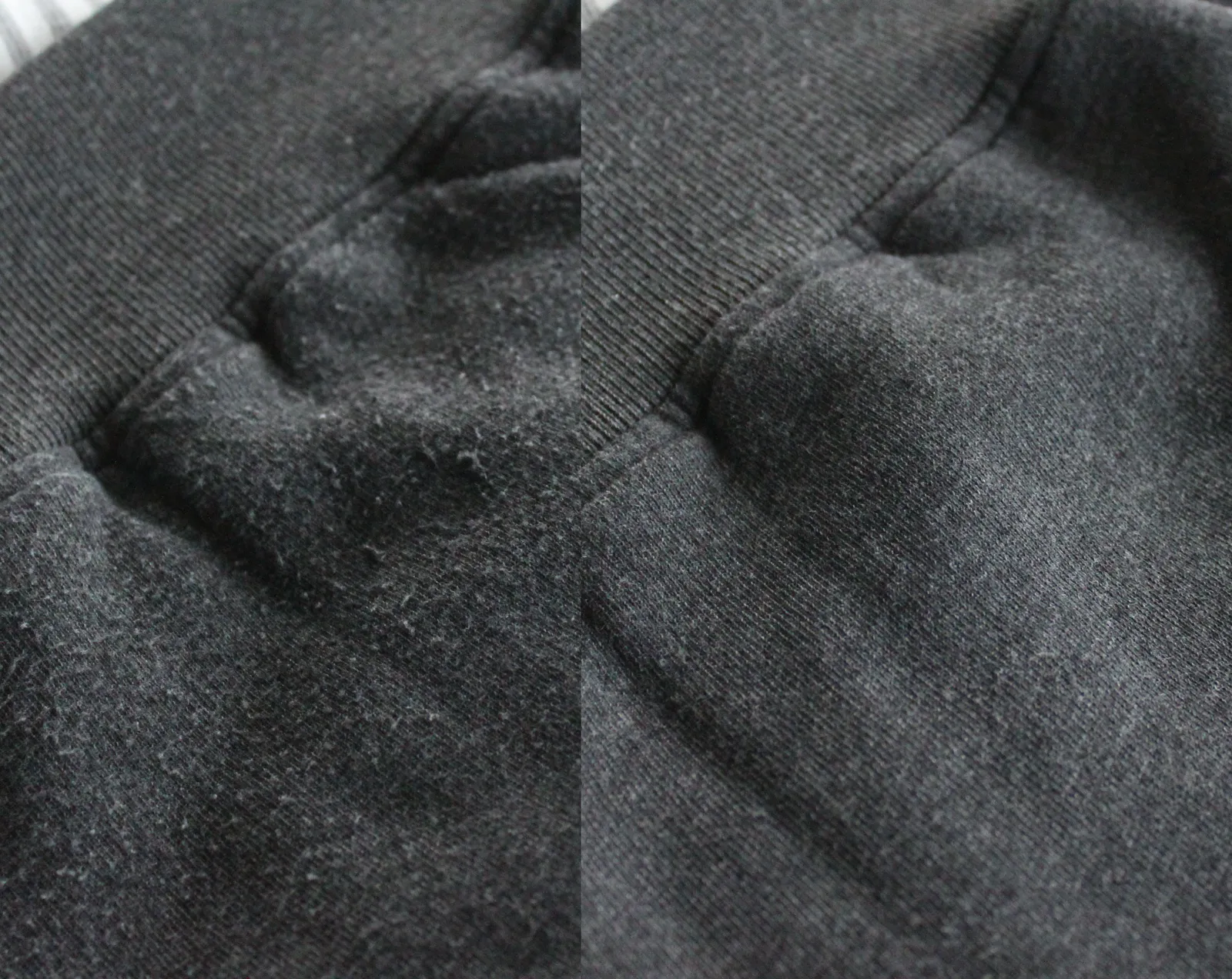 Side-by-side photographs of dark knitwear before and after removing surface pills.