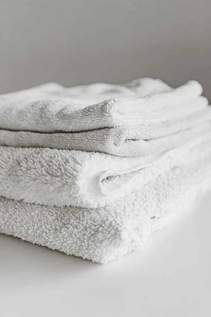 Clean white towels folded on a light-colored surface.