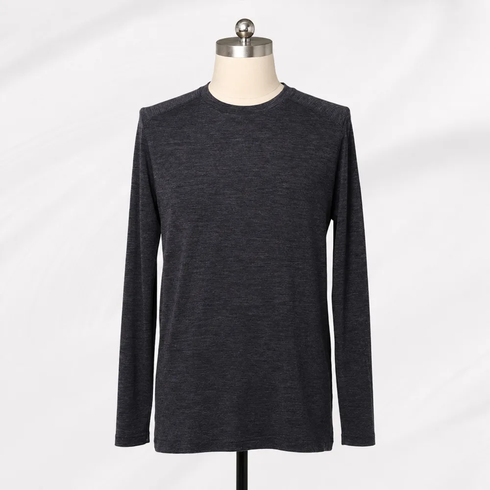 Charcoal long-sleeve crew-neck base layer sample displayed on a mannequin.