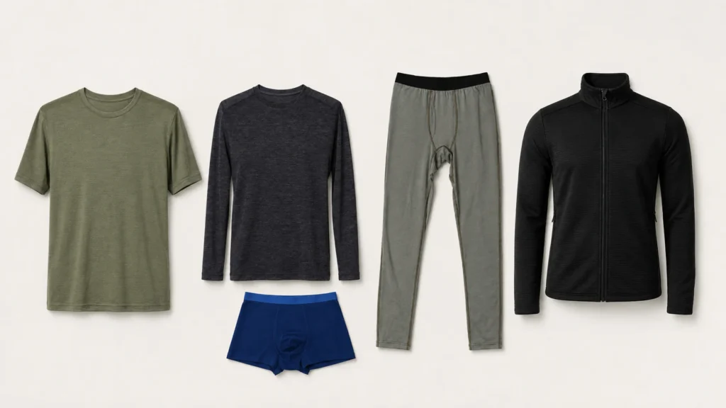 Merino wool T-shirt, base layer top and leggings, boxer briefs, and mid-layer jacket.